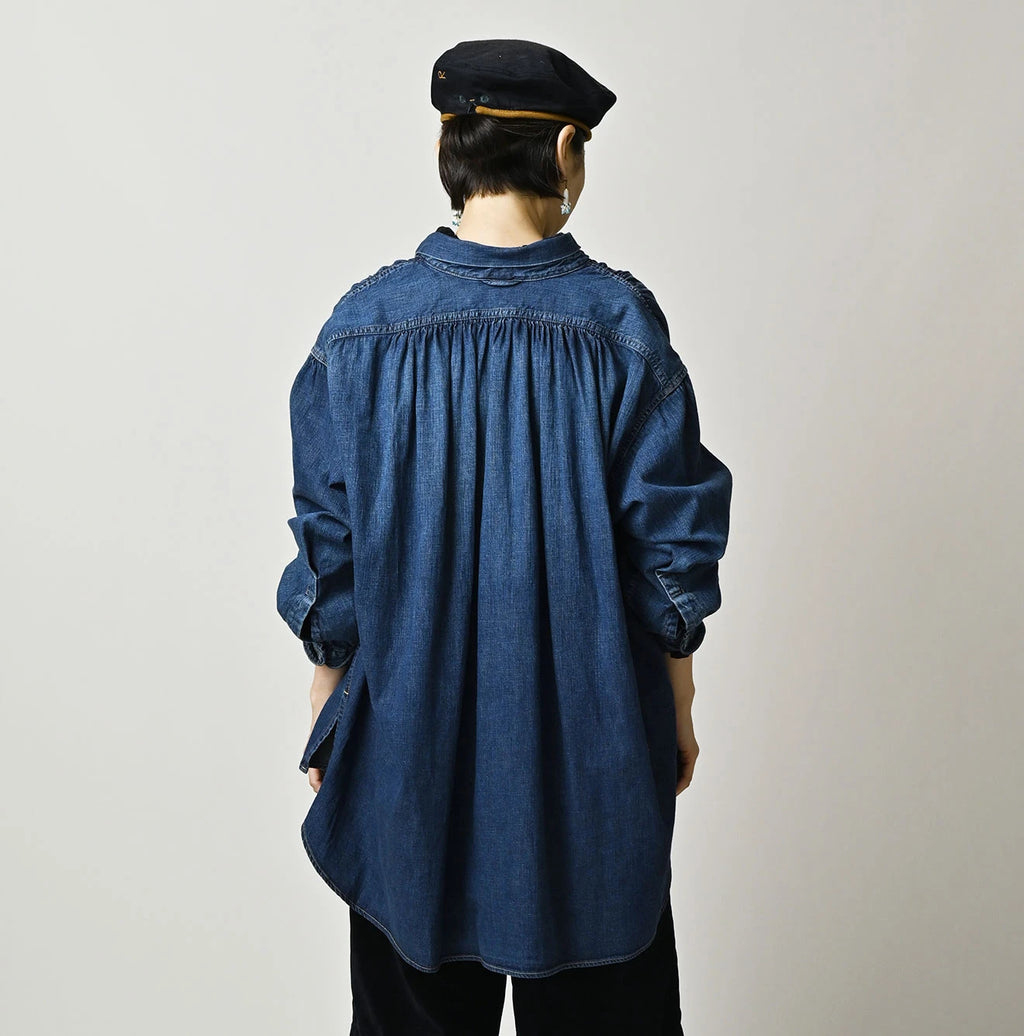 Komugi Denim Shawl Collar Blouse Distressed