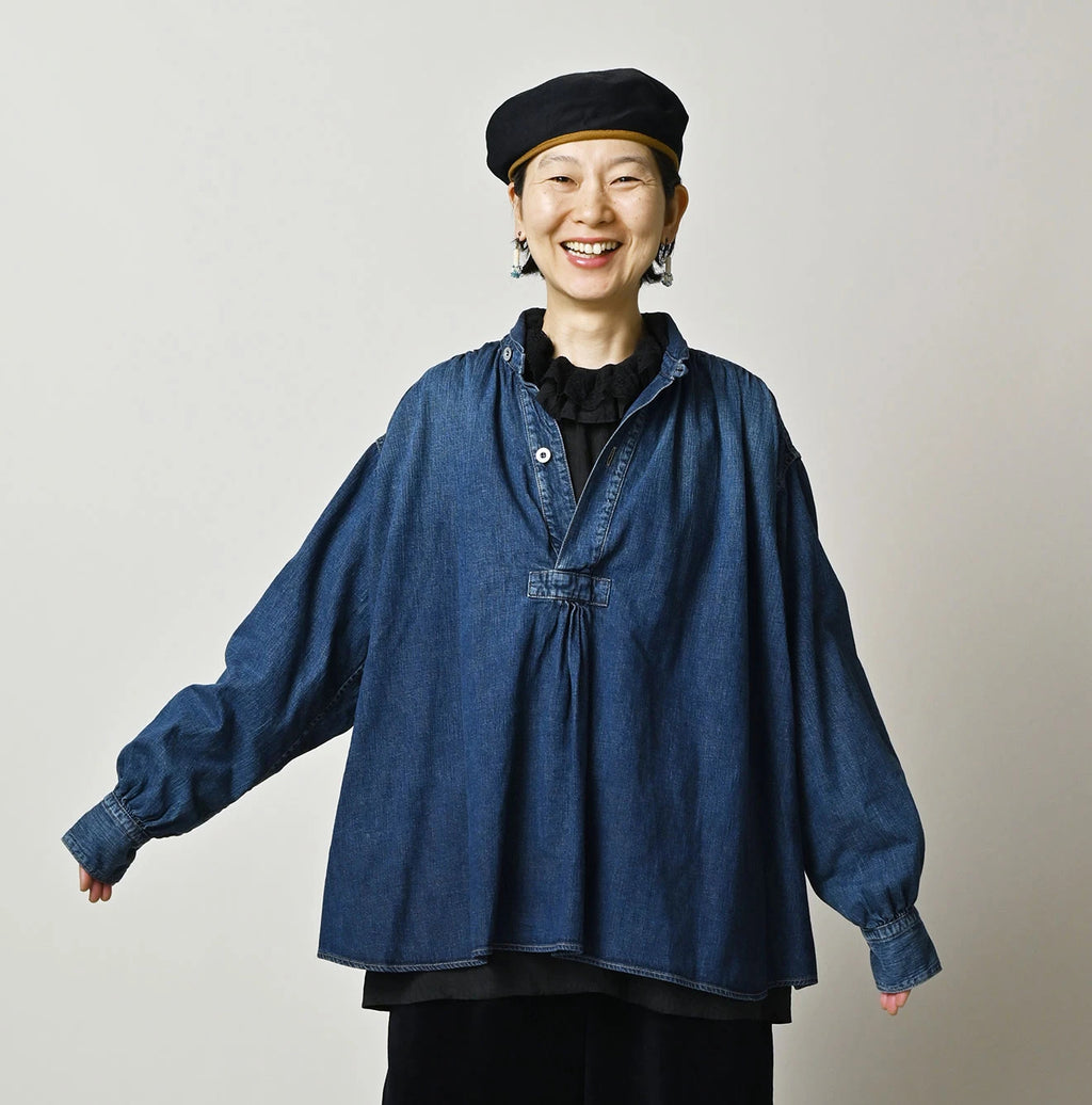 Komugi Denim Shawl Collar Blouse Distressed