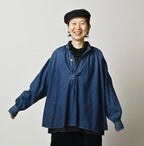 Komugi Denim Shawl Collar Blouse Distressed