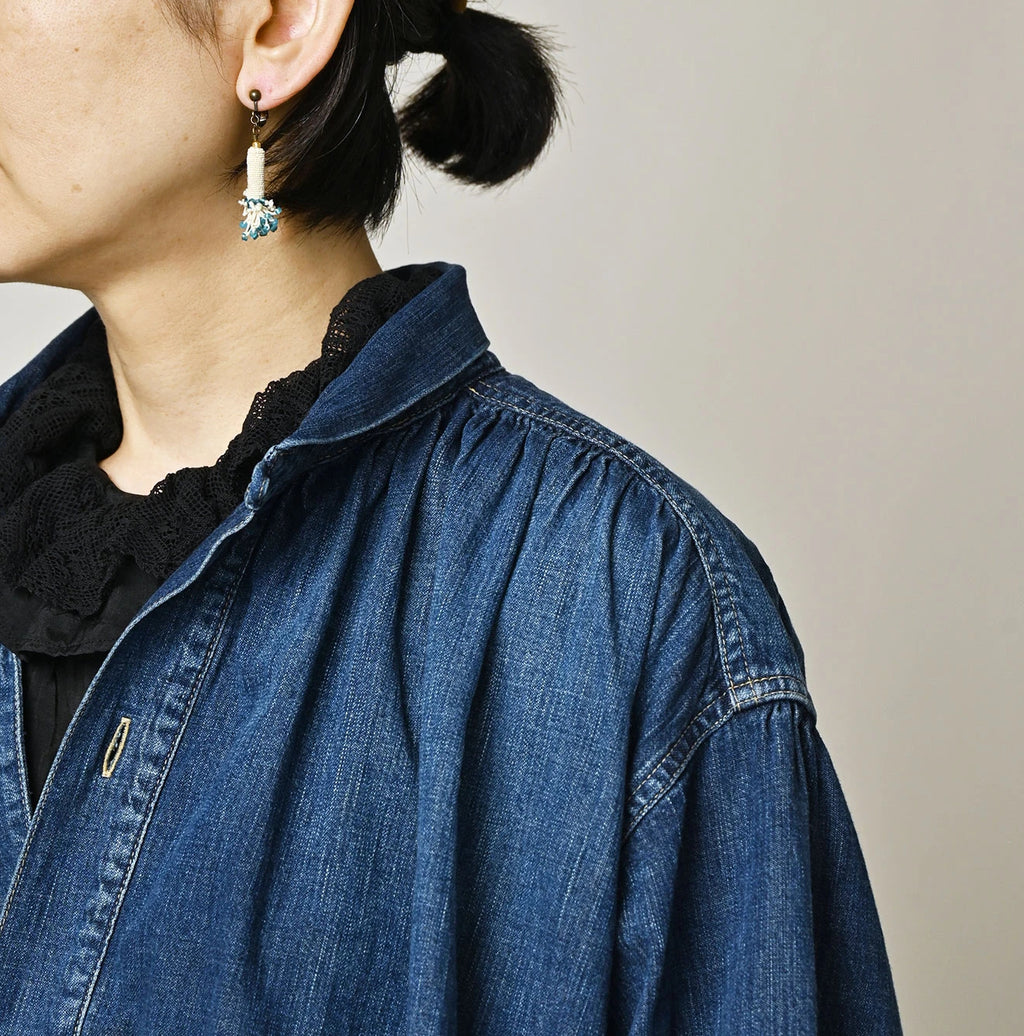 Komugi Denim Shawl Collar Blouse Distressed