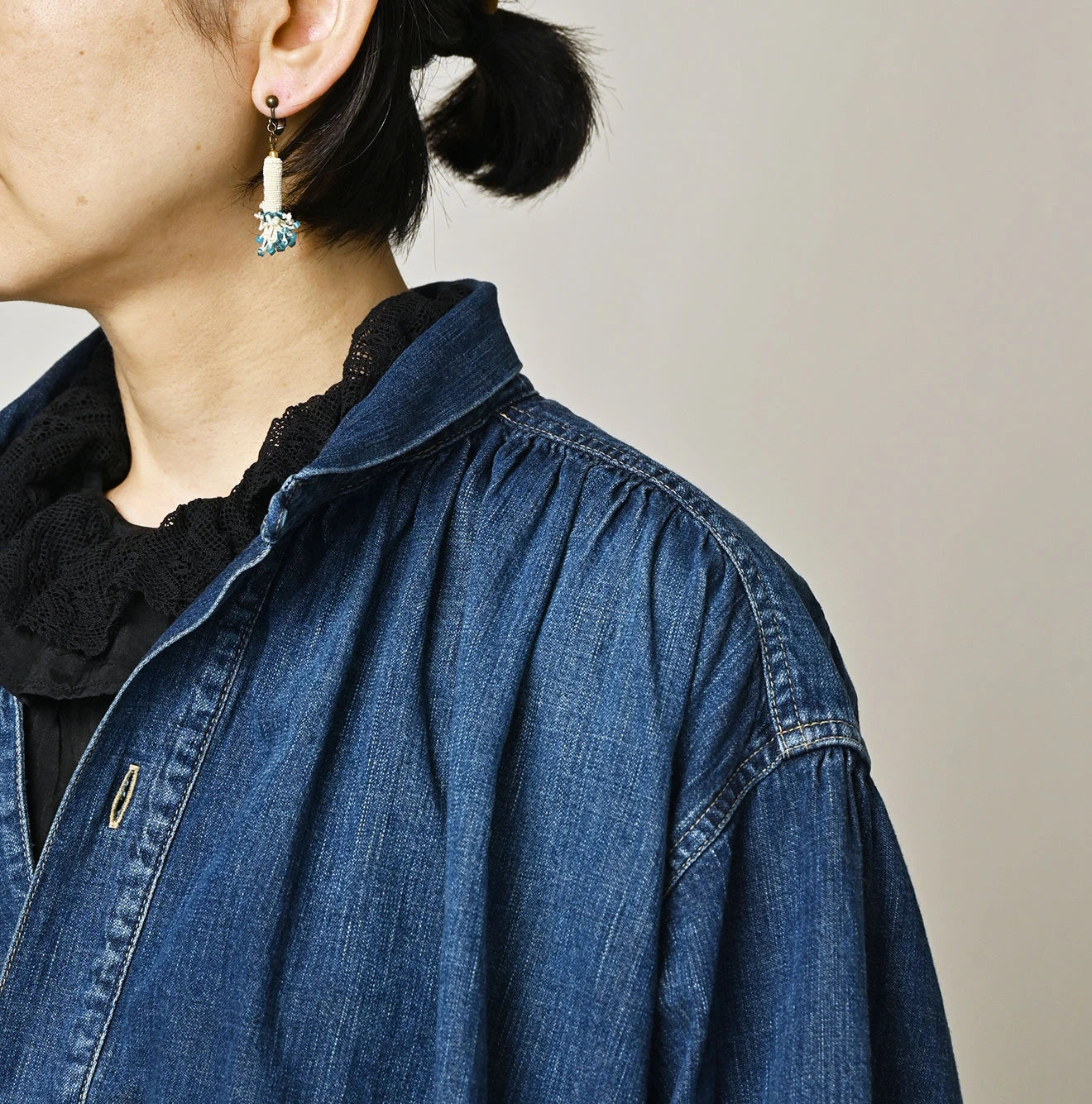 Komugi Denim Shawl Collar Blouse Distressed