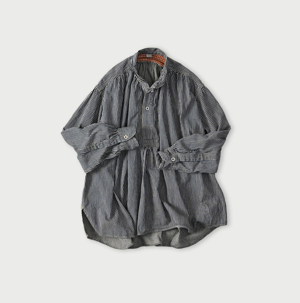 Hickory Komugi Denim Shawl Collar Blouse Distressed