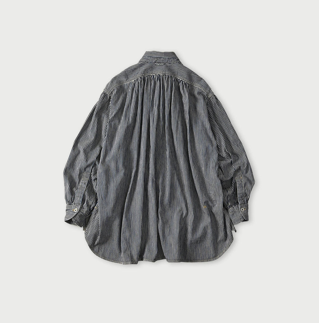 Hickory Komugi Denim Shawl Collar Blouse Distressed