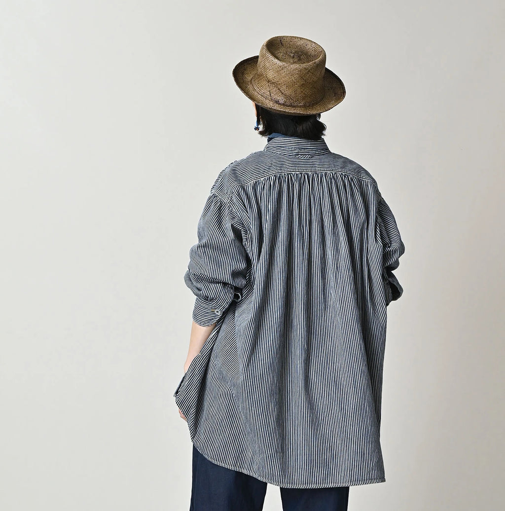 Hickory Komugi Denim Shawl Collar Blouse Distressed