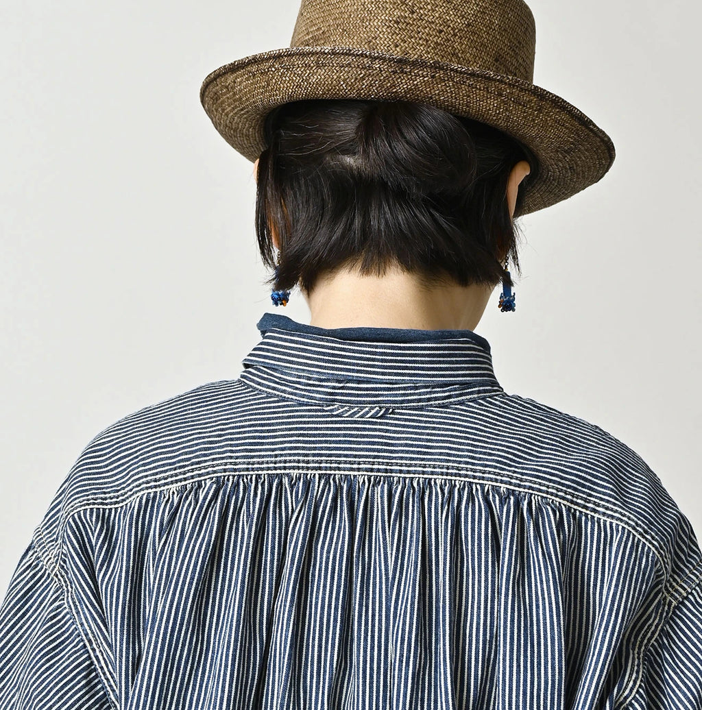 Hickory Komugi Denim Shawl Collar Blouse Distressed