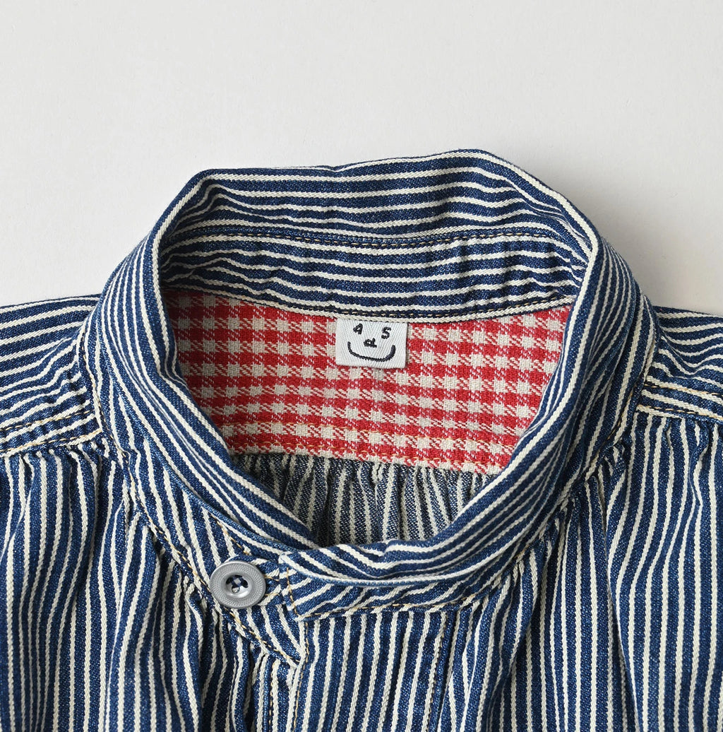 Hickory Komugi Denim Shawl Collar Blouse Distressed