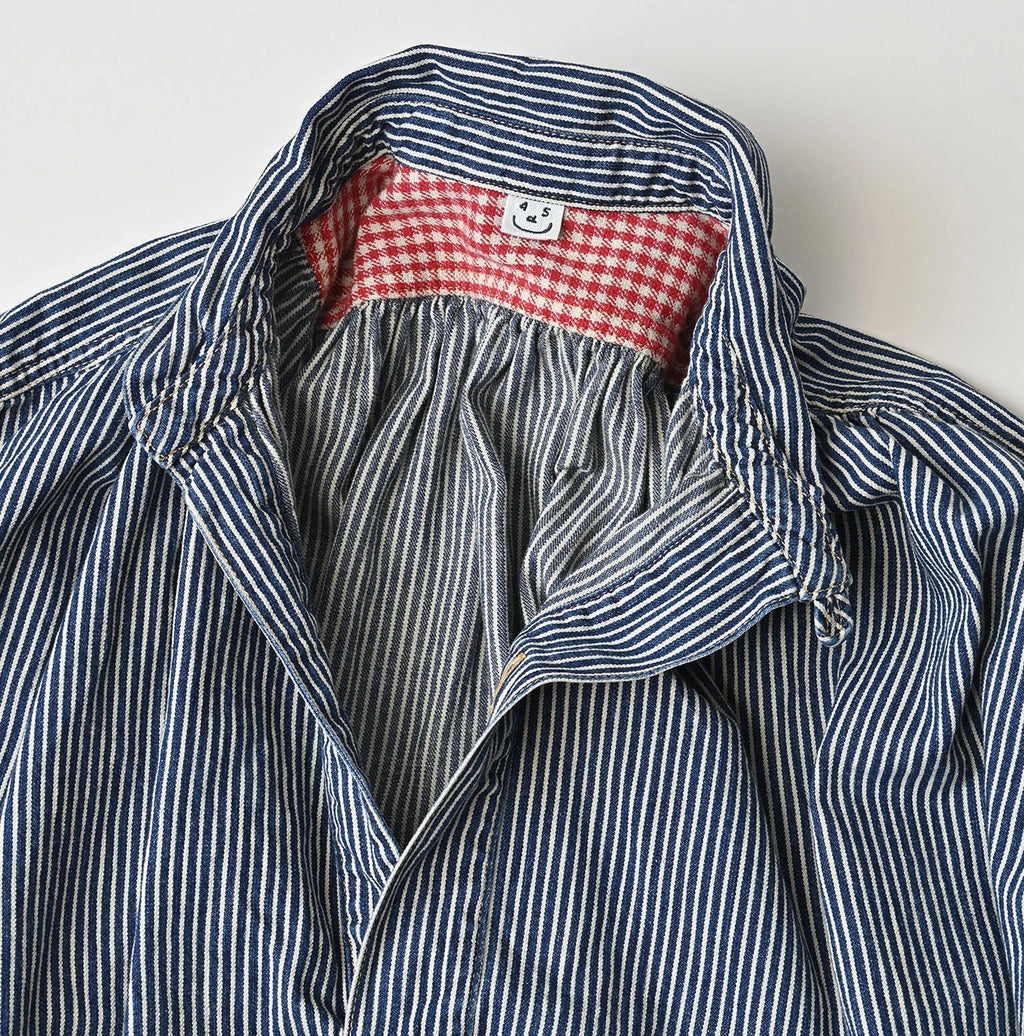 Hickory Komugi Denim Shawl Collar Blouse Distressed