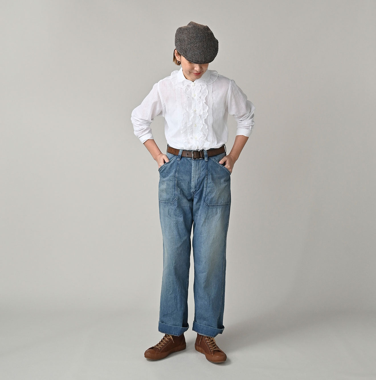 Mugihiko Denim 908 Painter Pants Tan Female Model
