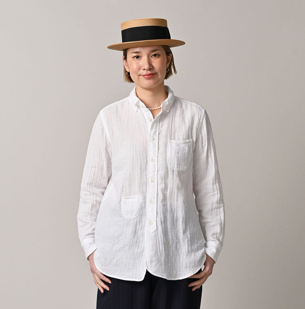 Gauze Double Woven 908 Loafer Button Down Shirt White Female Model