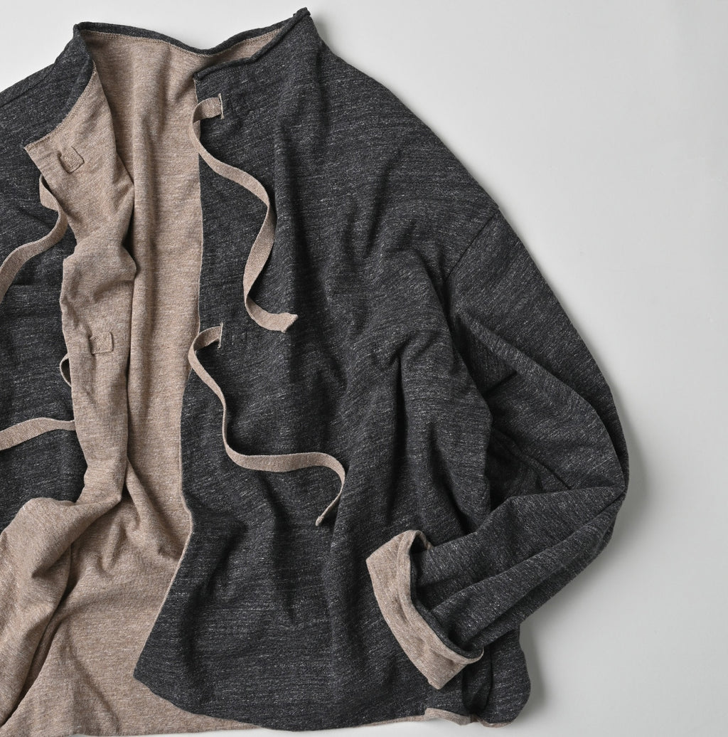 Zimbabwe Cotton Reversible Square Cardigan Gray Beige Top x Black Dungaree