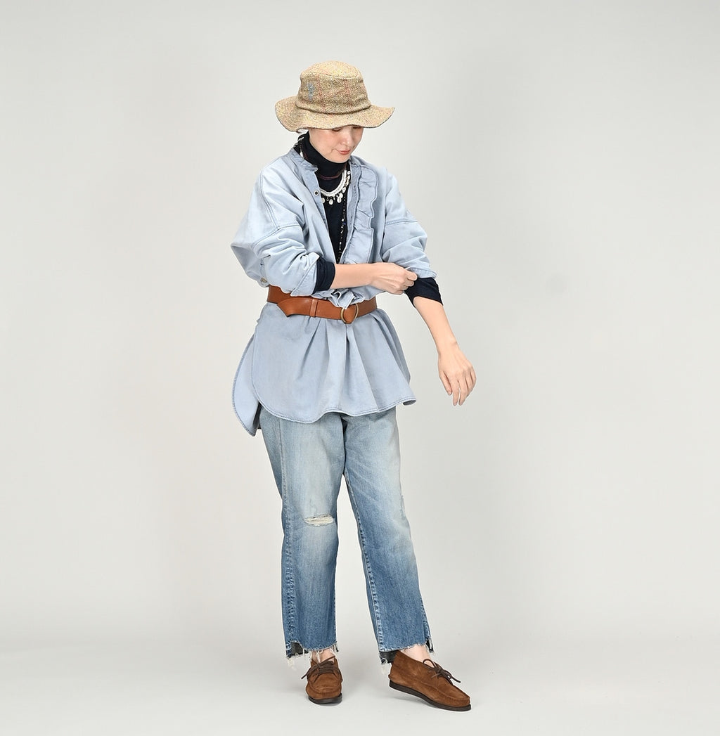 ONEONE Futatabi Okome Denim Frill Tunic Tan Female Model
