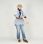 ONEONE Futatabi Okome Denim Frill Tunic Tan Female Model