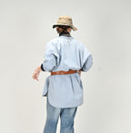 ONEONE Futatabi Okome Denim Frill Tunic Tan Female Model