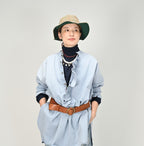 ONEONE Futatabi Okome Denim Frill Tunic Tan Female Model