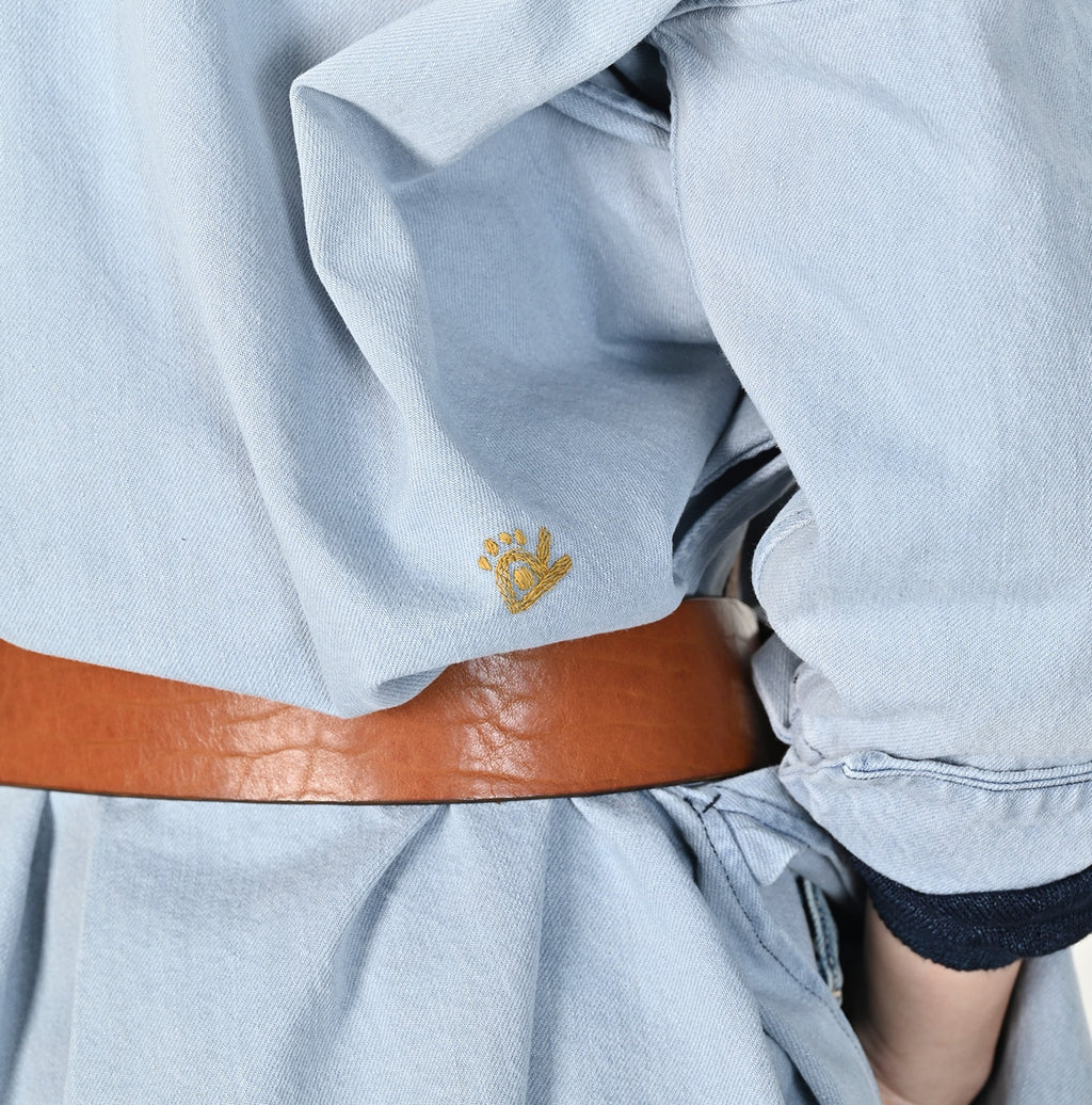 ONEONE Futatabi Okome Denim Frill Tunic Tan Detail