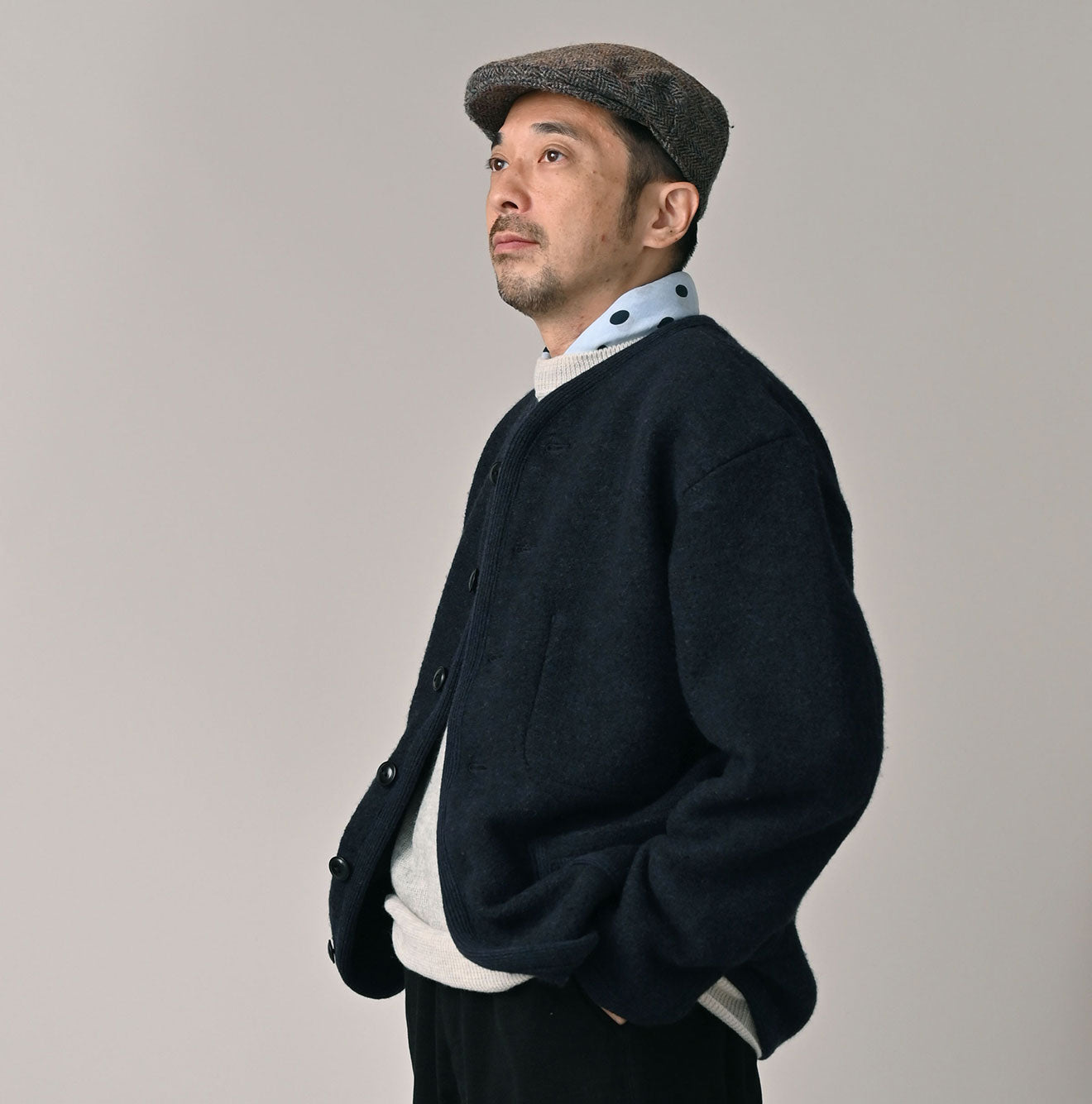 Boiled Wool Knit Tyrolean Cardigan Male Model