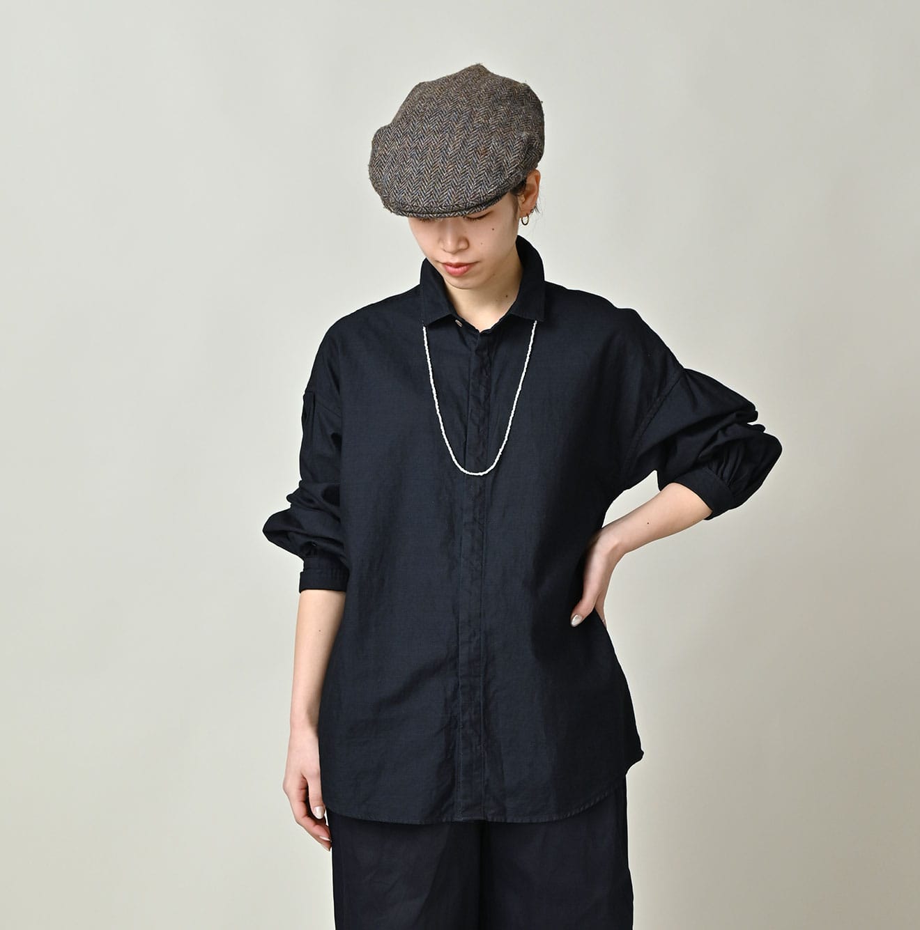 Indigo Supima OX Petit Collar Long Sleeve Coupé Shirt Female Model