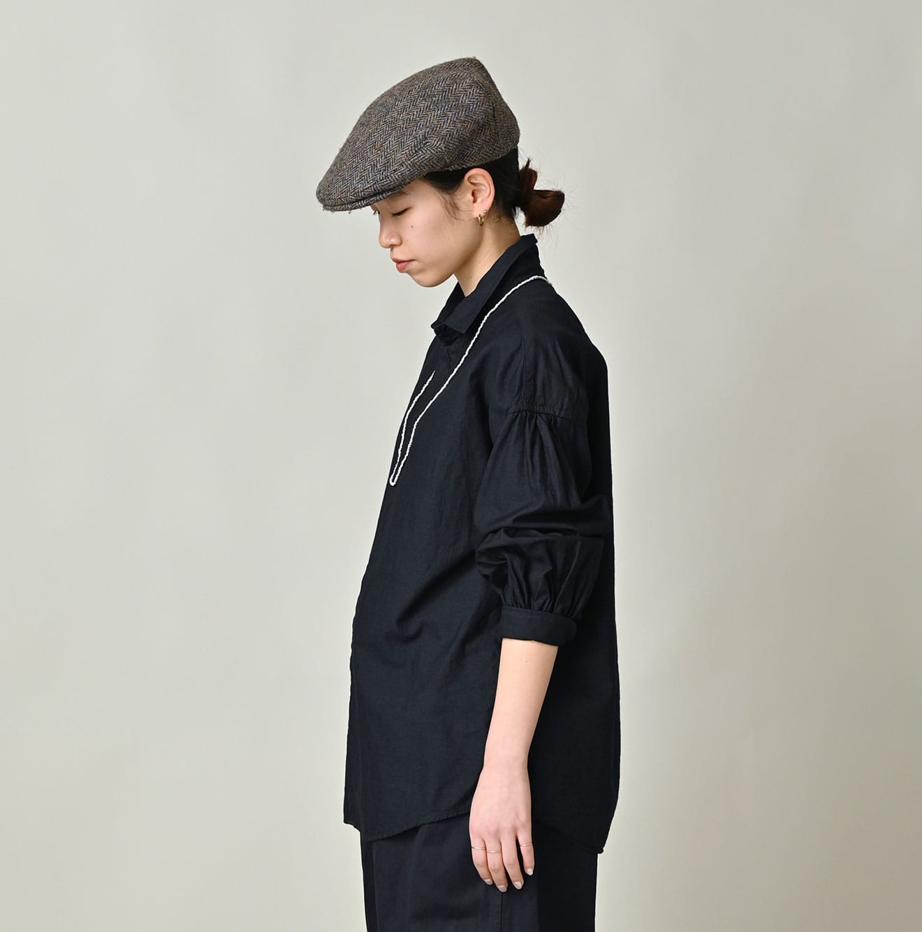 Indigo Supima OX Petit Collar Long Sleeve Coupé Shirt Female Model
