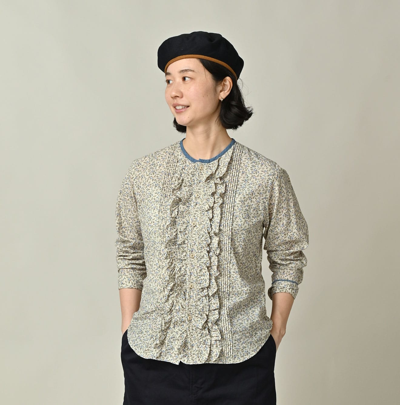 Ivy Flower Print Frill Blouse Female Model