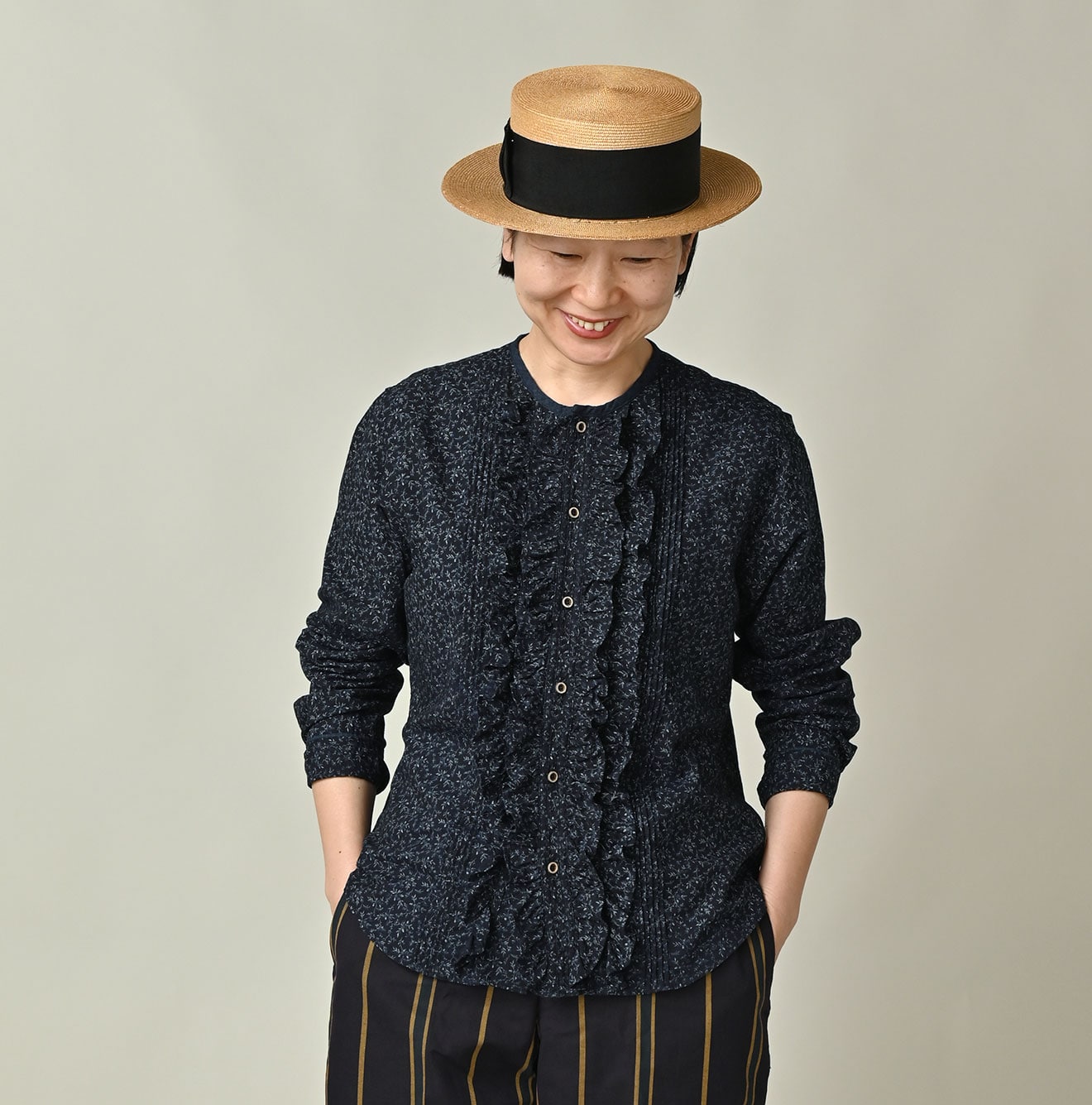 Indigo Ivy Flower Print Frill Blouse Detail Female Model