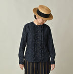 Indigo Ivy Flower Print Frill Blouse Detail Female Model