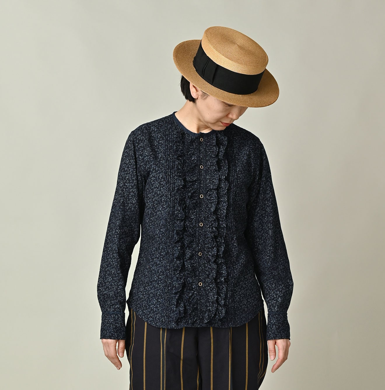 Indigo Ivy Flower Print Frill Blouse Detail Female Model
