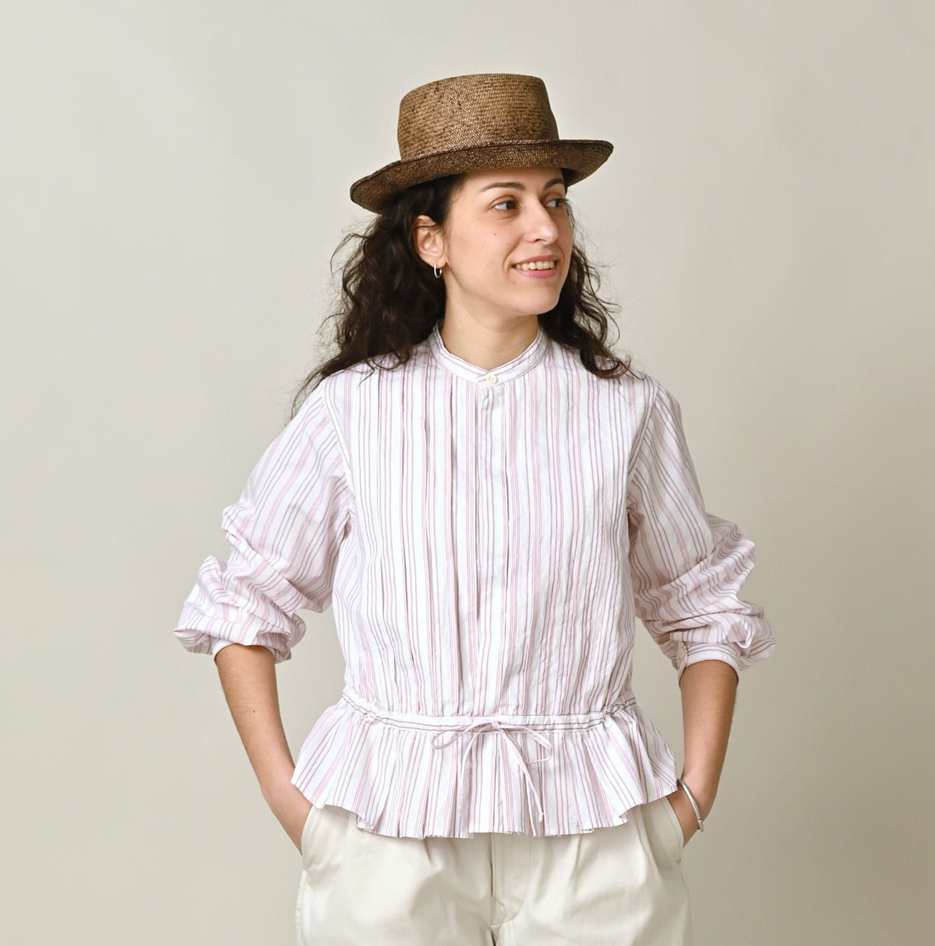 No.180 Miko Tuck Blouse Pink Stripes Female Model