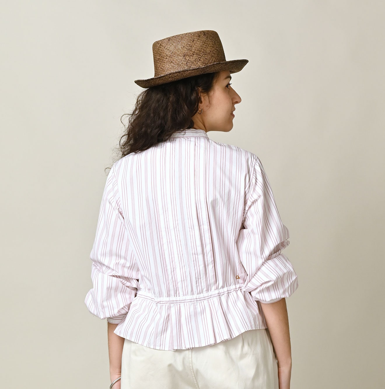 No.180 Miko Tuck Blouse Pink Stripes Female Model