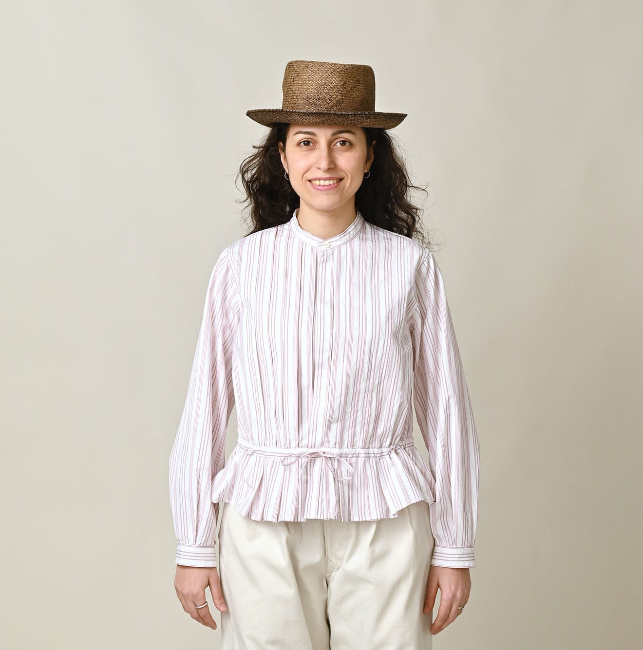 No.180 Miko Tuck Blouse Pink Stripes Female Model
