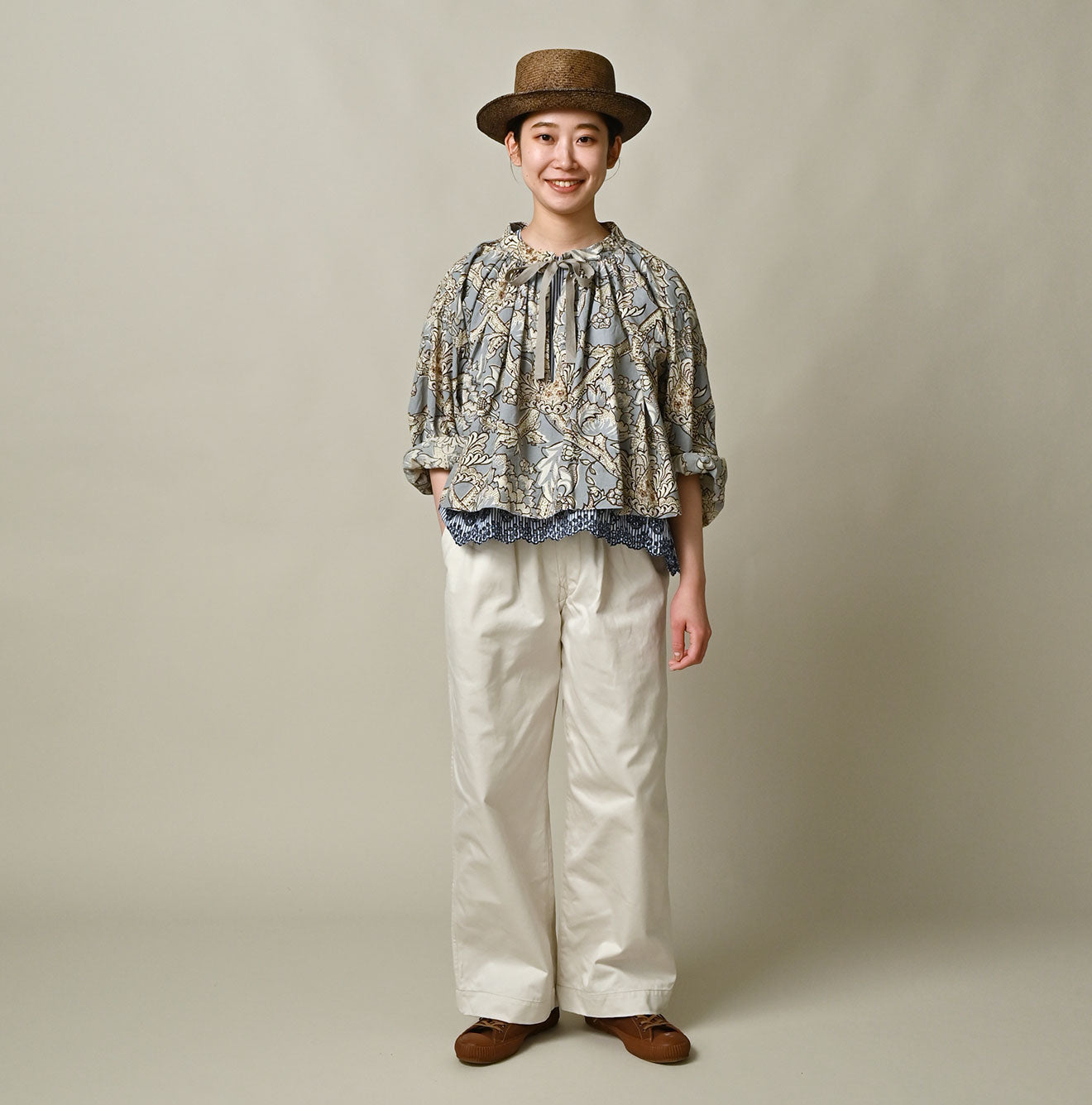 Indian Khadi Flower Sarasa Print Chou Chou Smock Blouse Female Model