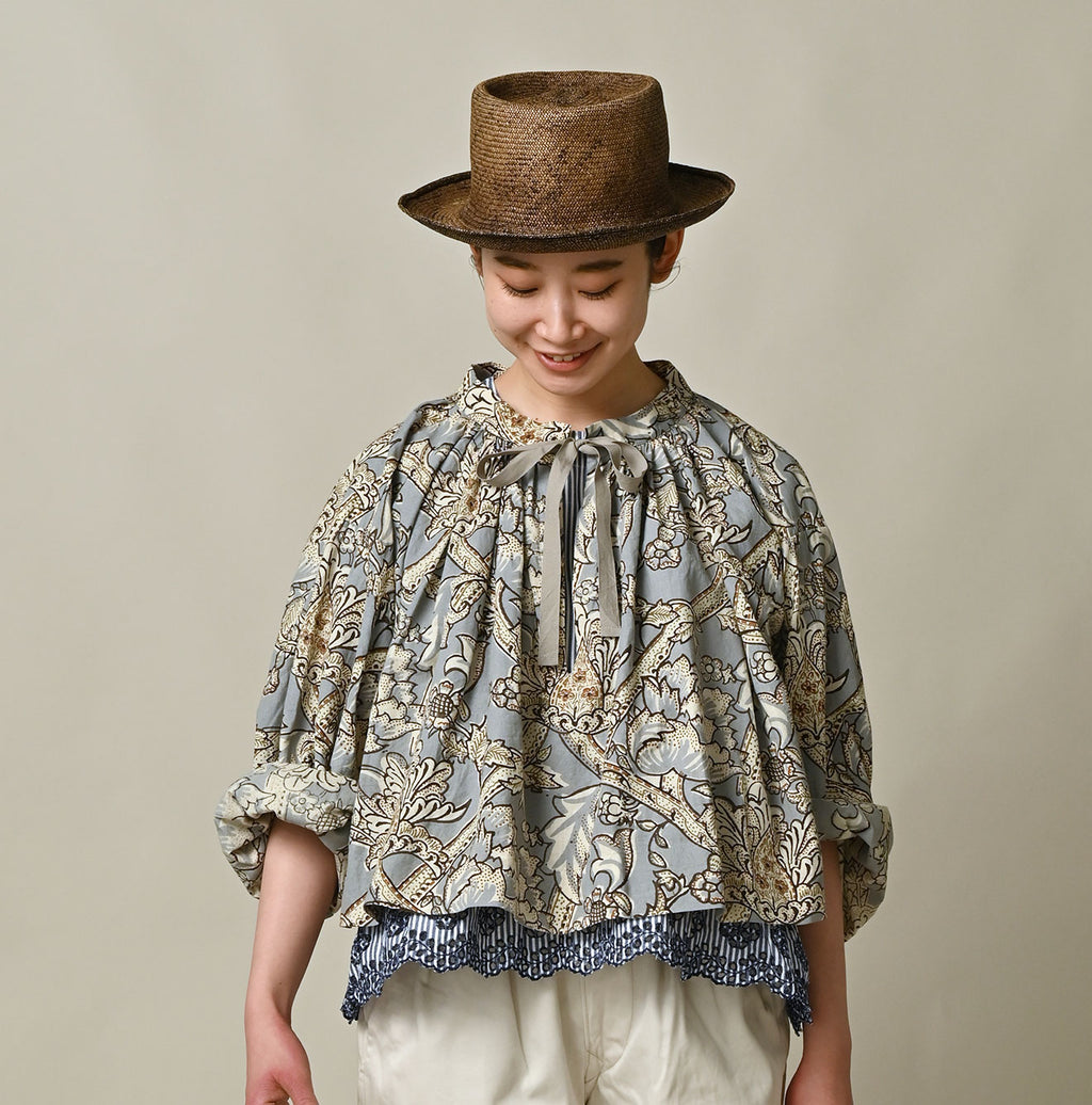 Indian Khadi Flower Sarasa Print Chou Chou Smock Blouse Female Model