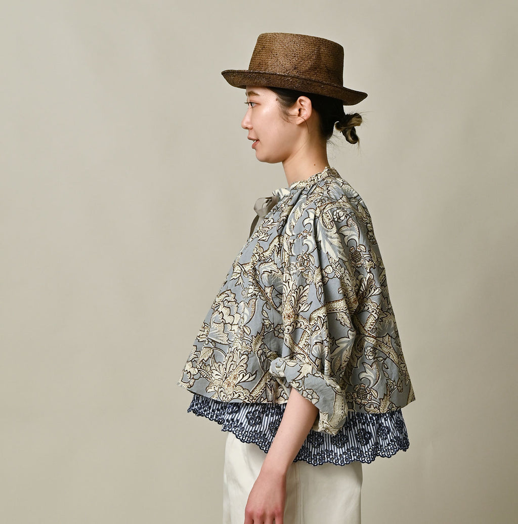 Indian Khadi Flower Sarasa Print Chou Chou Smock Blouse Female Model