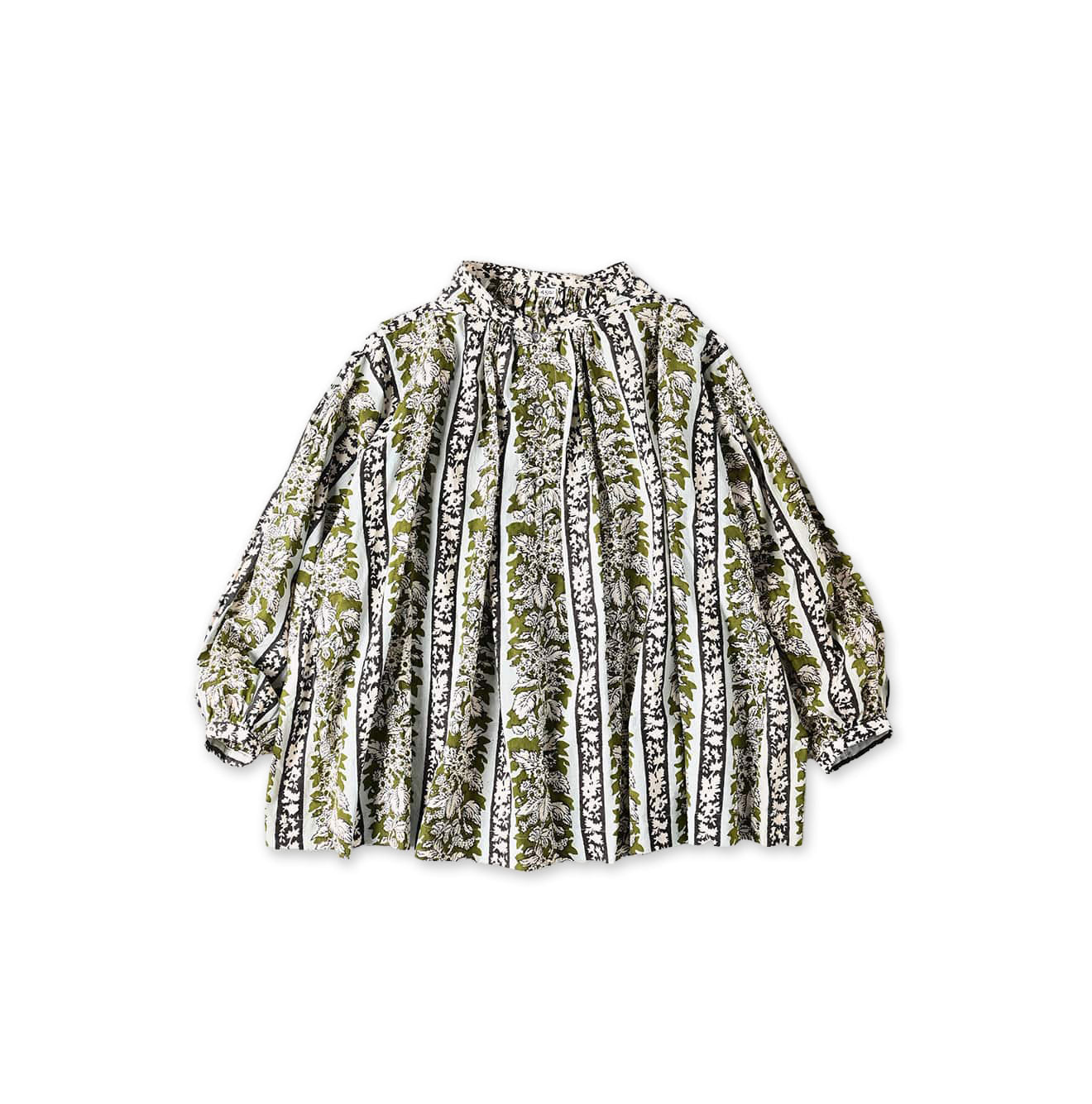 Indian Striped Flower Block Print Smock Blouse Green