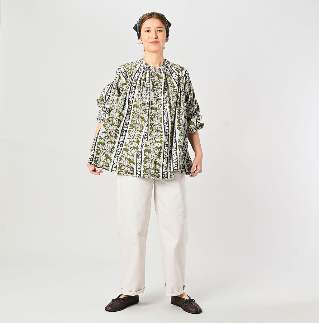 Indian Striped Flower Block Print Smock Blouse Female Model