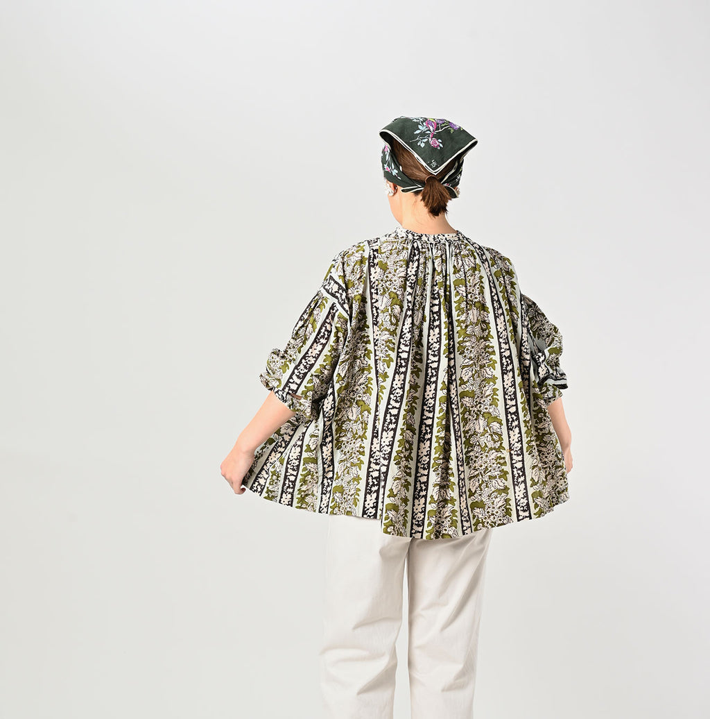 Indian Striped Flower Block Print Smock Blouse Female Model