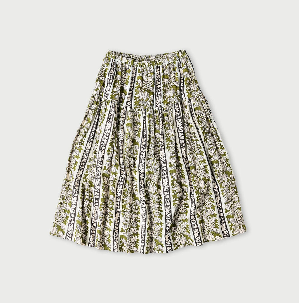 Indian Striped Flower Block Print Tiered Skirt Green