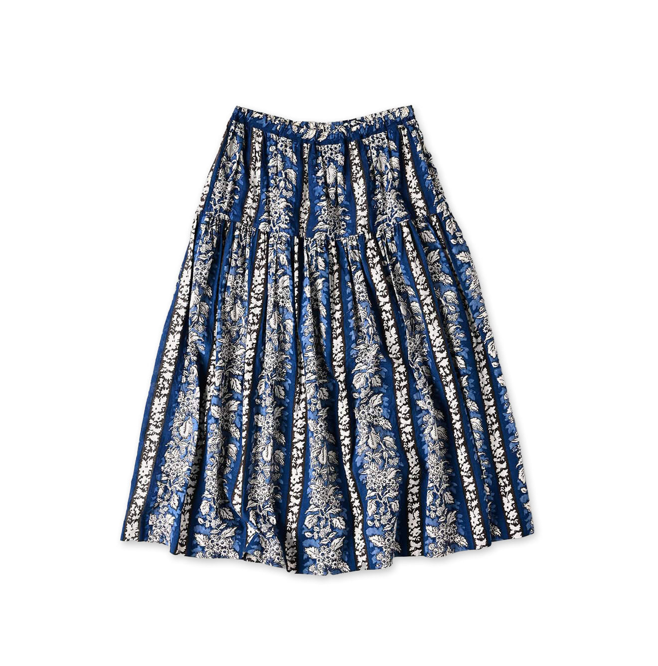 Indian Striped Flower Block Print Tiered Skirt Navy