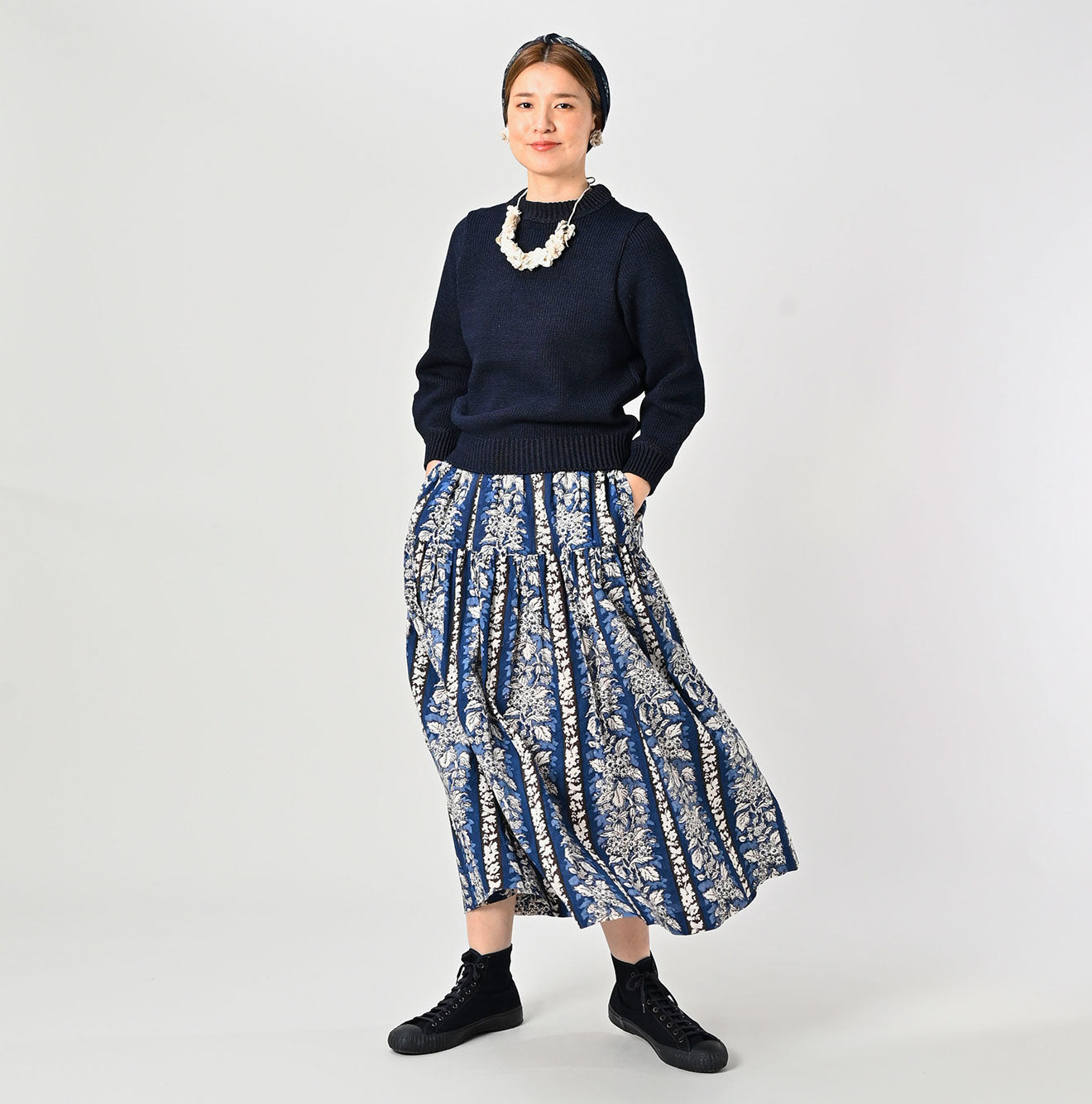 Indian Striped Flower Block Print Tiered Skirt Female Model