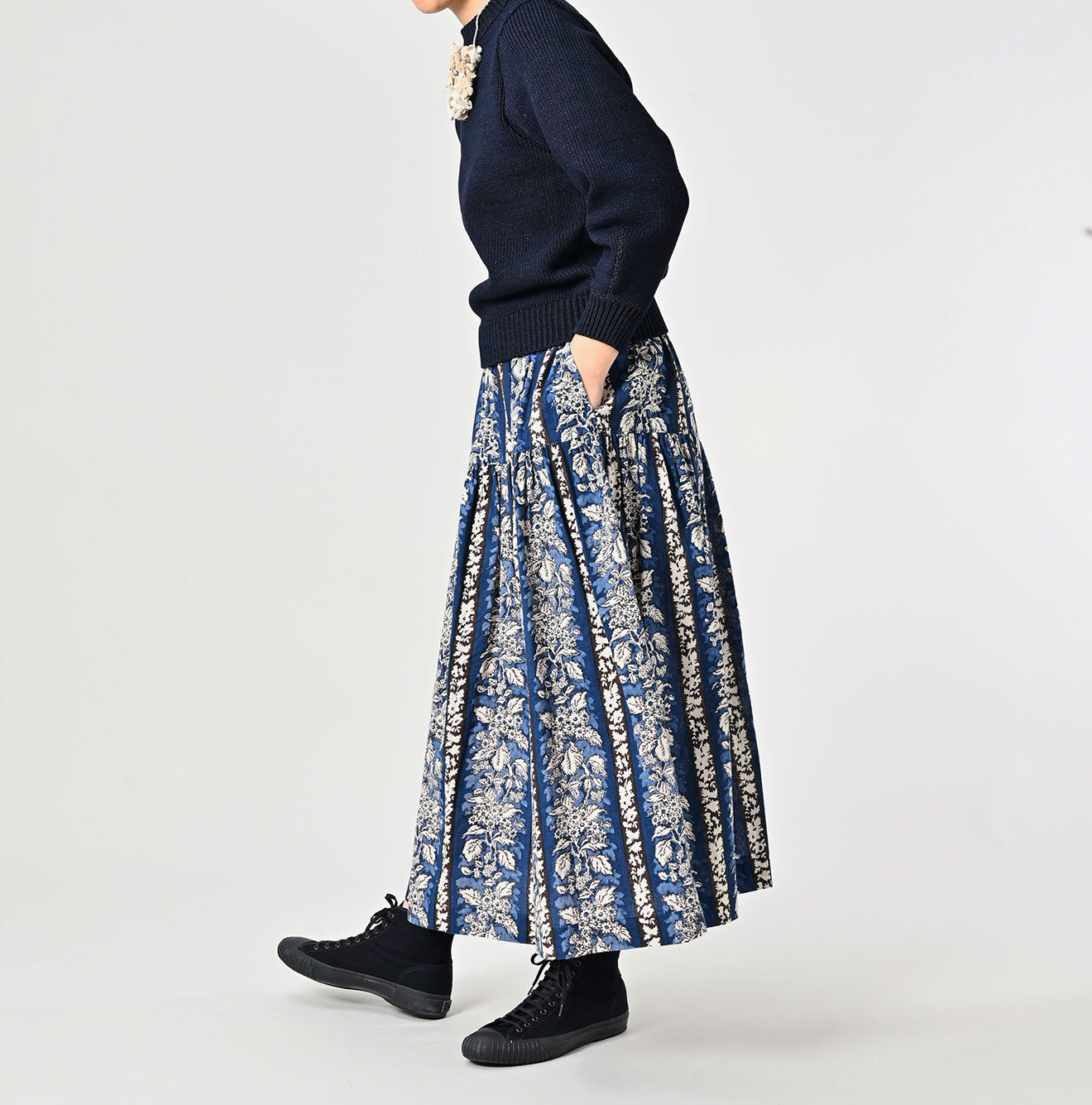 Indian Striped Flower Block Print Tiered Skirt Female Model