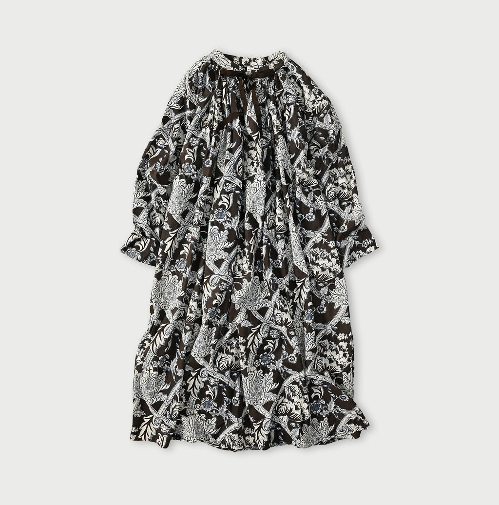 Indian Khadi Flower Sarasa Print Chou Chou Smock Dress Brown