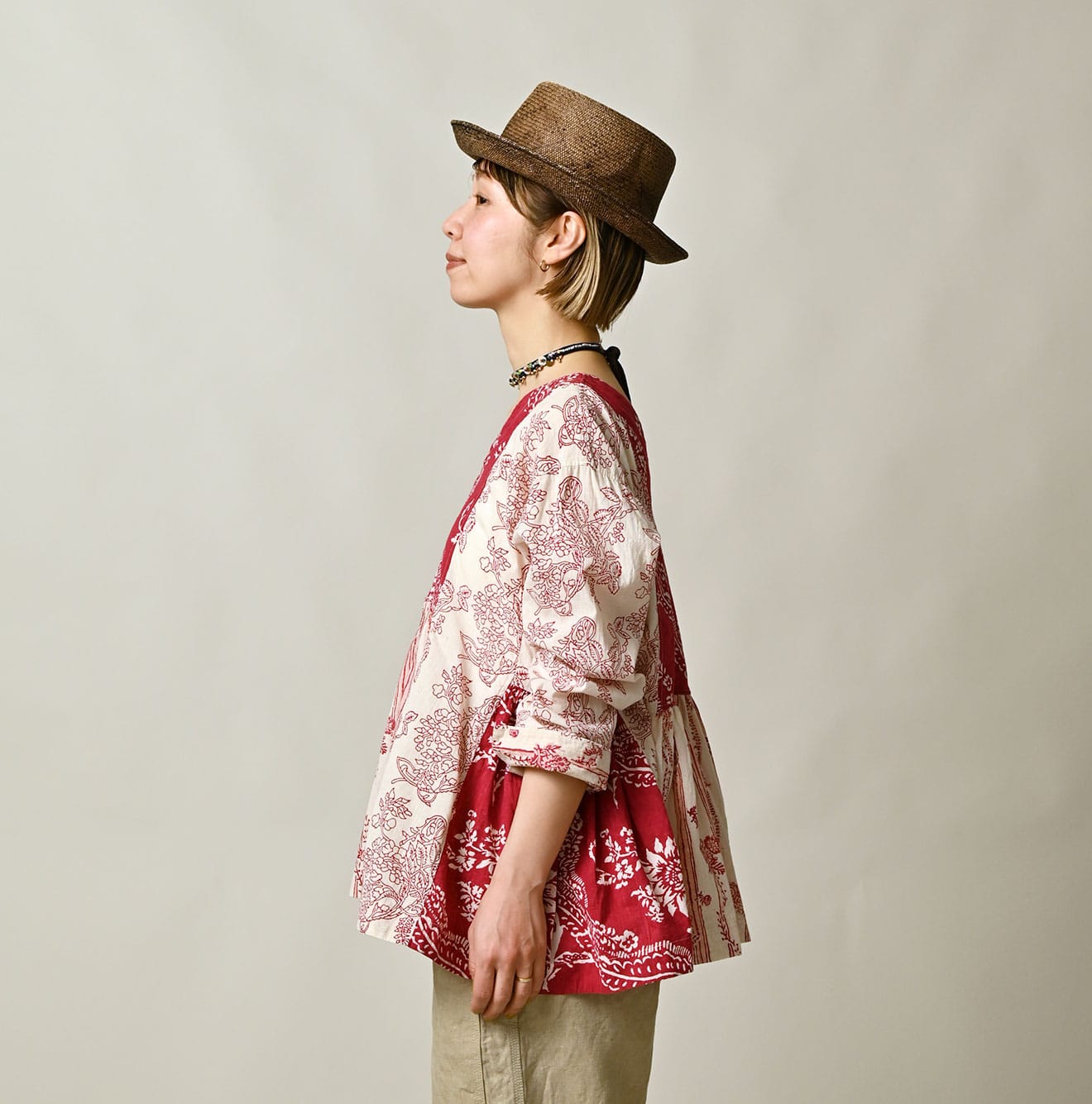 Indian Khadi Block Print Patchwork Blouse Female Model