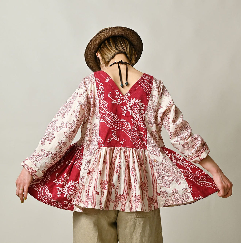Indian Khadi Block Print Patchwork Blouse Female Model