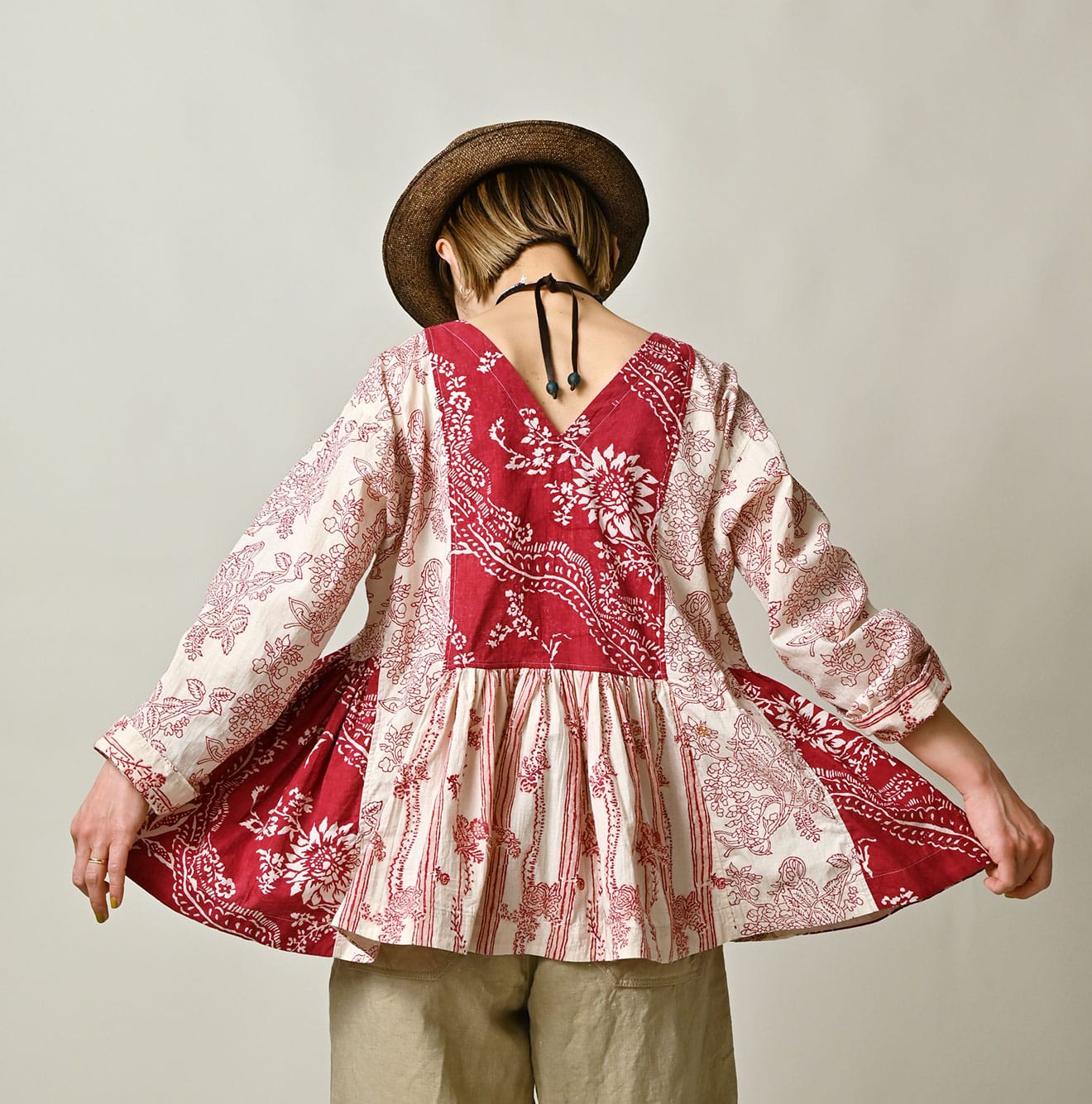 Indian Khadi Block Print Patchwork Blouse Female Model