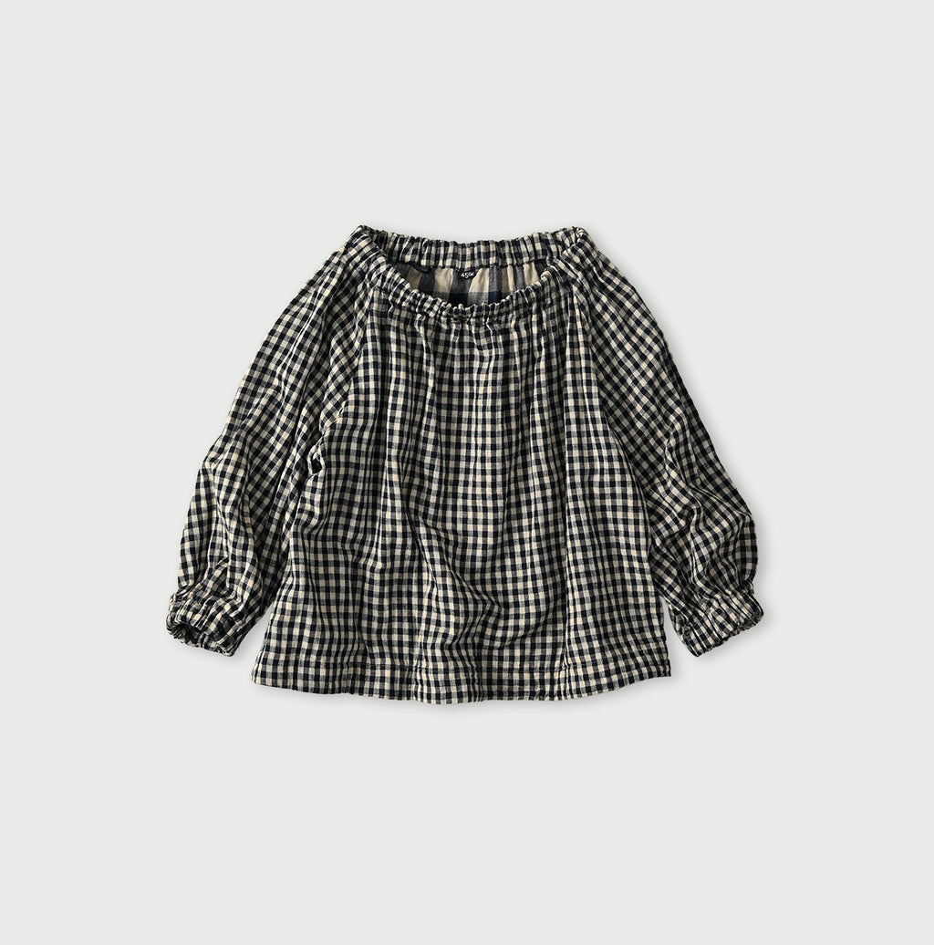 Indigo Double Woven Shirring Blouse Benkei Plaid