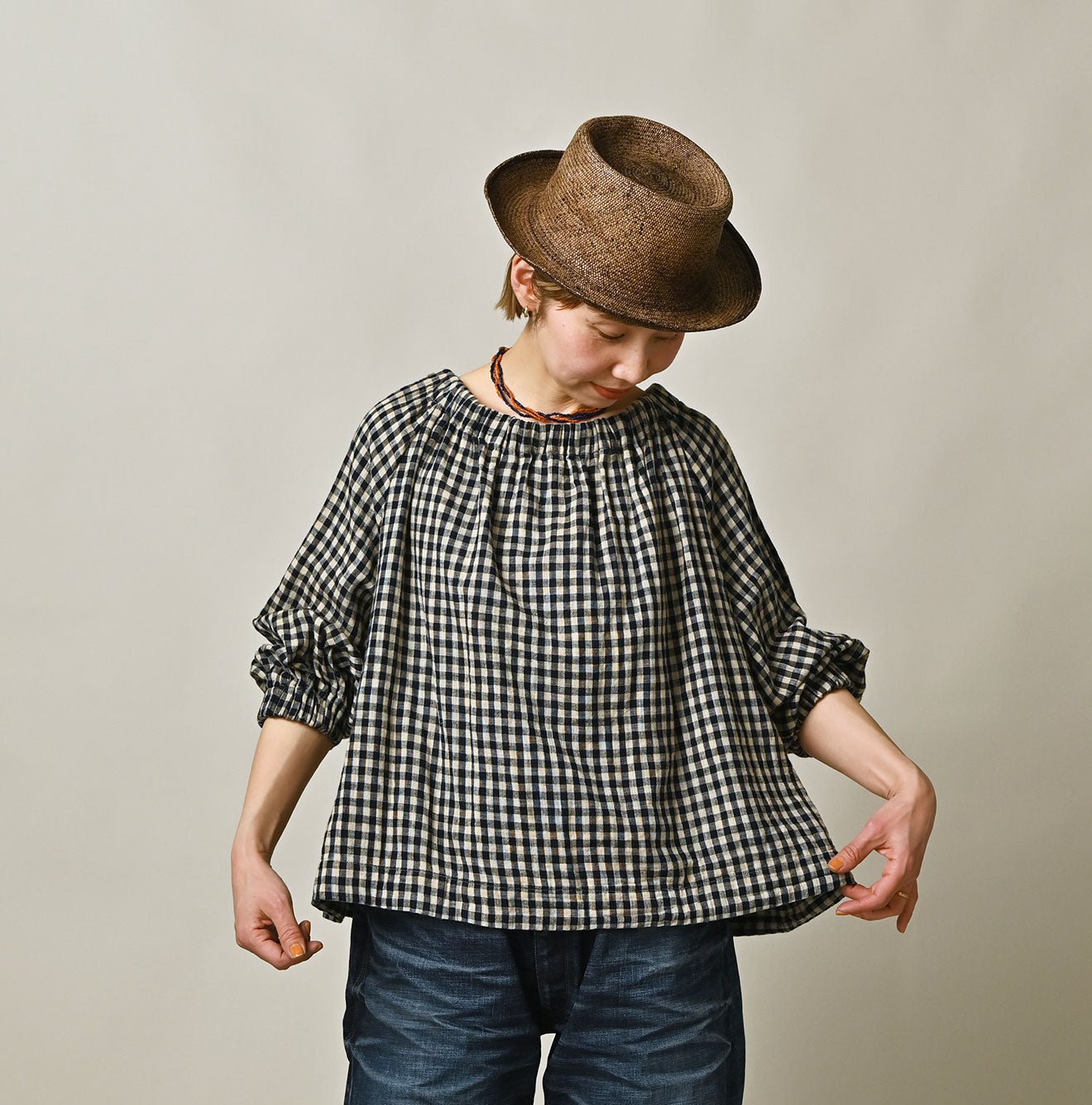 Indigo Double Woven Shirring Blouse Female Model