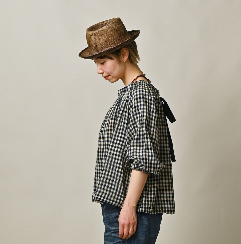 Indigo Double Woven Shirring Blouse Female Model