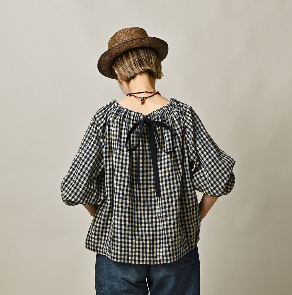Indigo Double Woven Shirring Blouse Female Model