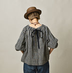 Indigo Double Woven Shirring Blouse Female Model