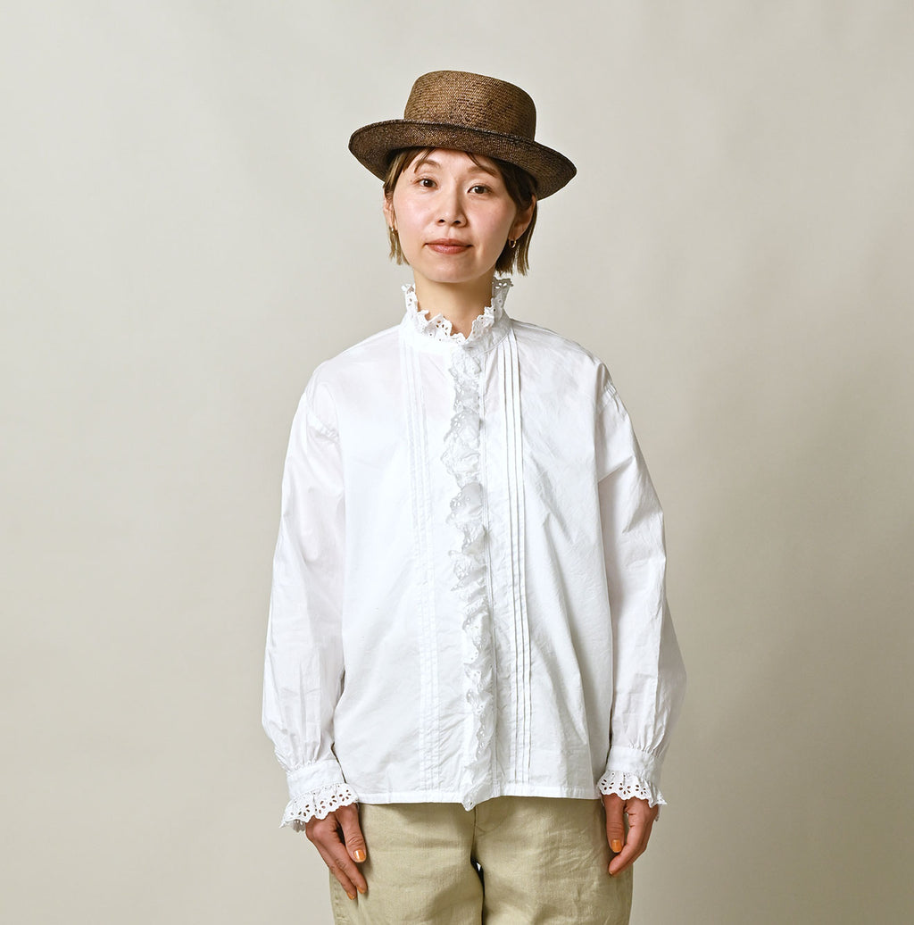 White Supima Batiste Cutwork Blouse Female Model