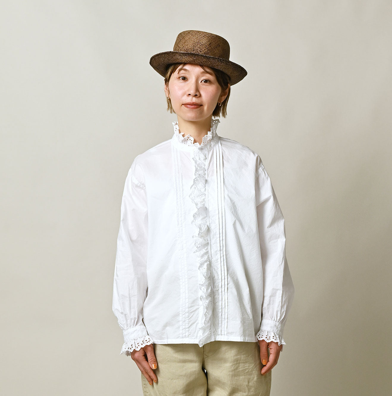White Supima Batiste Cutwork Blouse Female Model